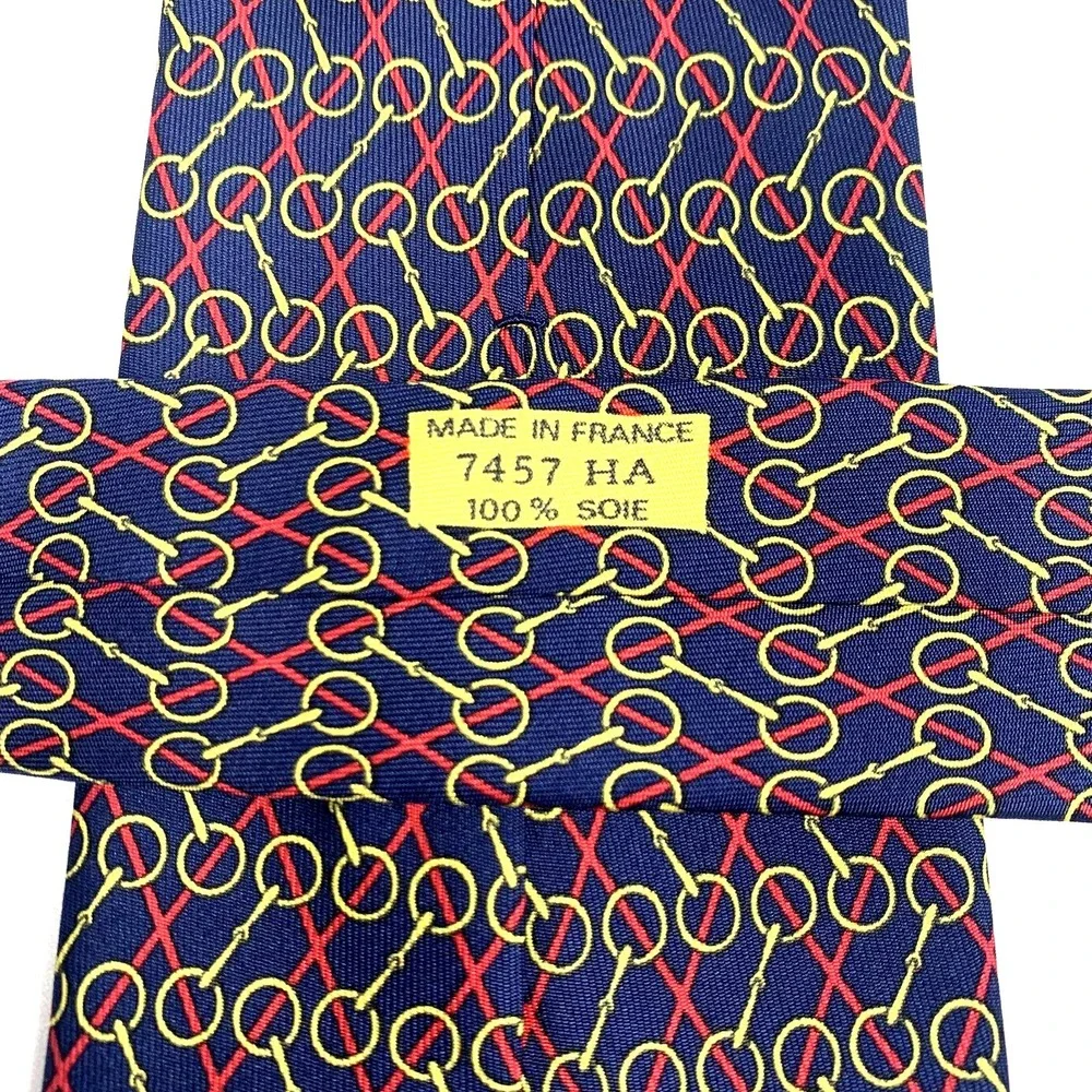 Hermes Paris Mens Tie Navy with Red Stripes & Equestrian Chains 7457 Silk‎ EUC